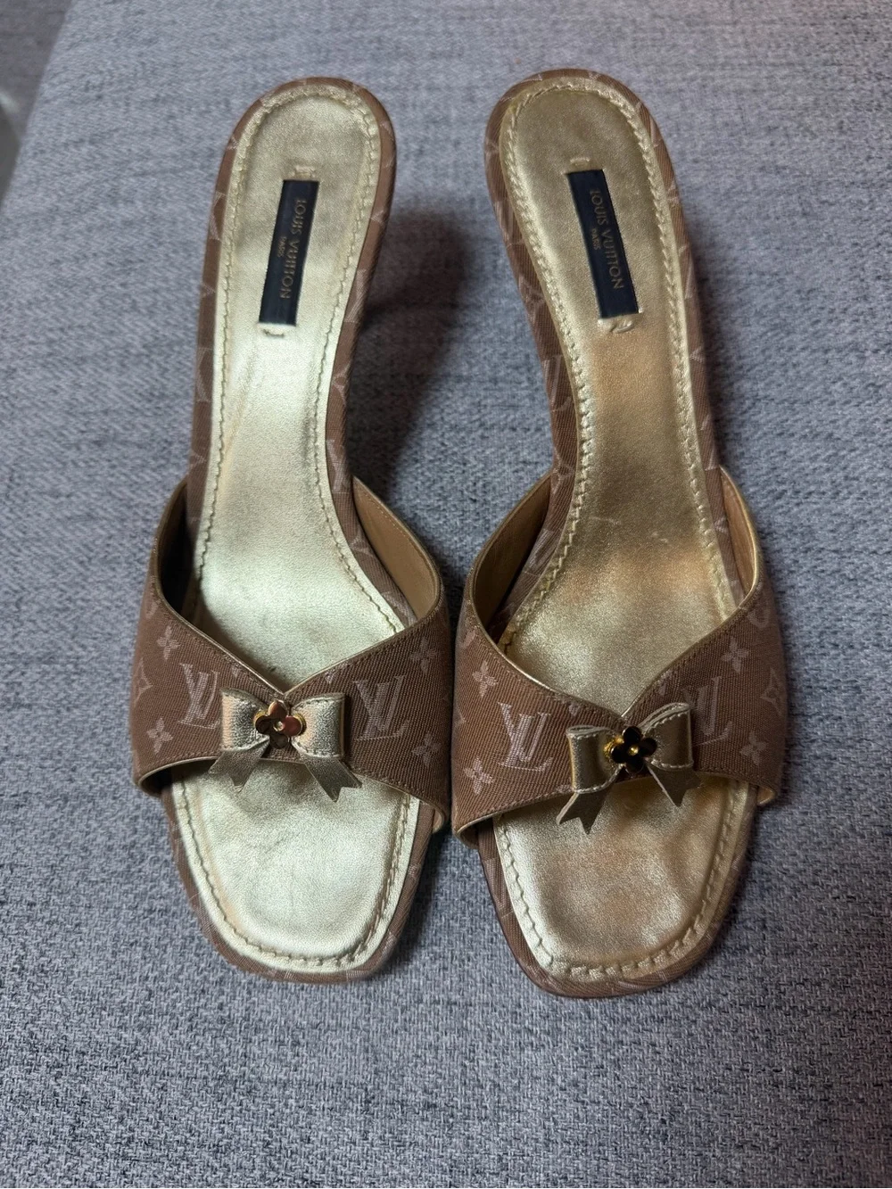 Louis Vuitton Brown Monogram Open-Toe Mules with Gold Bow Detail